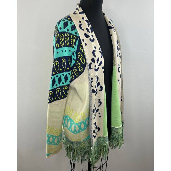Gypsy 05 Global Village Green Cream Long Sleeve Open Fringe Cardigan Sweater S - Picture 2 of 9